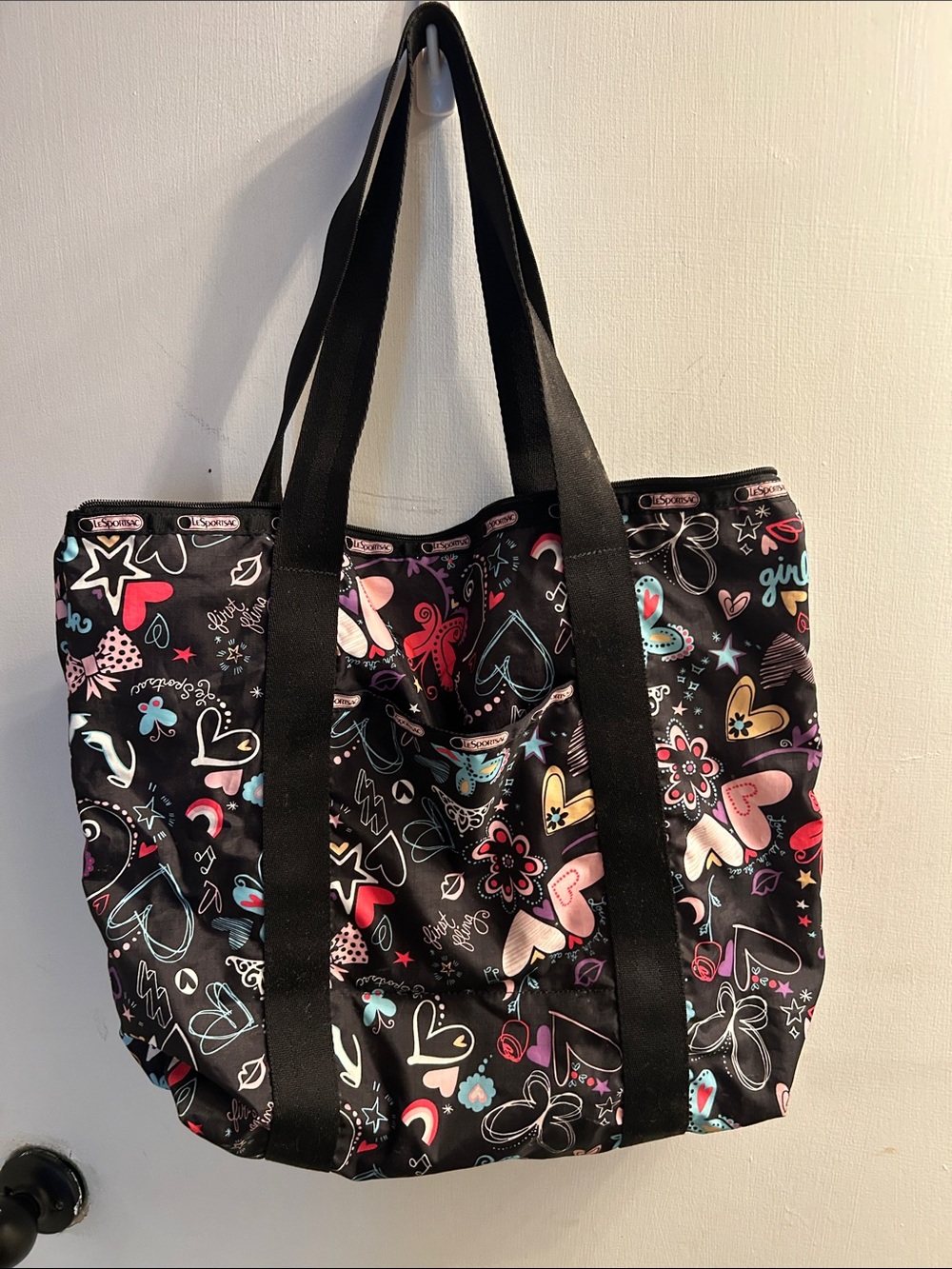 Lesportsac Black Tote with Multicolor Heart & Floral Print